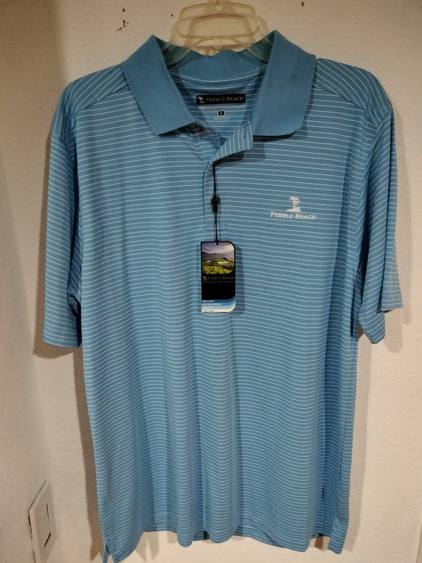 The Famous Pebble Beach Cypress Tree Logo Golf Polo Light Blue Pinstripe Shirt  Size Large New W/Tags
