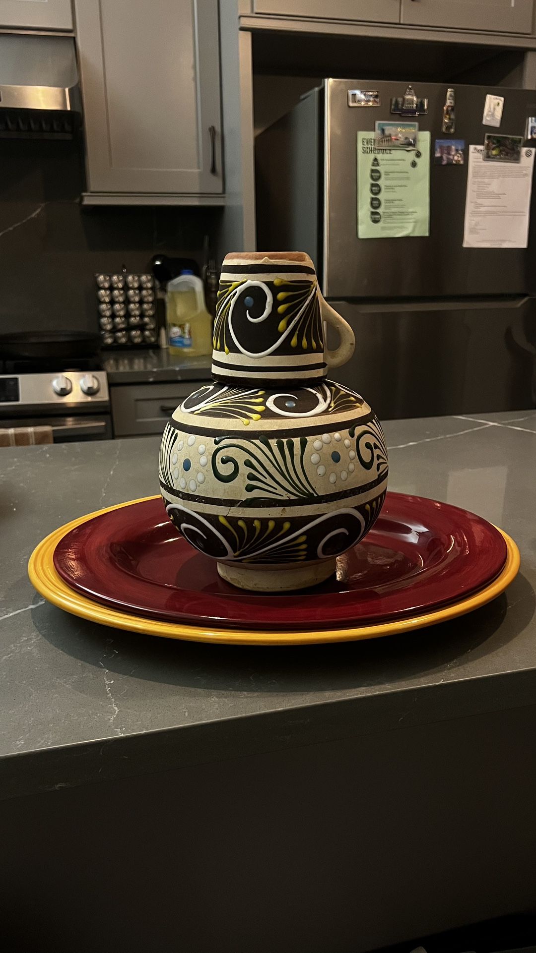 Vintage Hand-Painted Pitcher & Colorful Plate Set