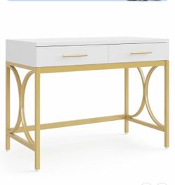 New Study Writing Desk, Computer Desk,41".Modern Home Office Writing Desk with 2 Drawers. White and Gold. Brand new, assembled.