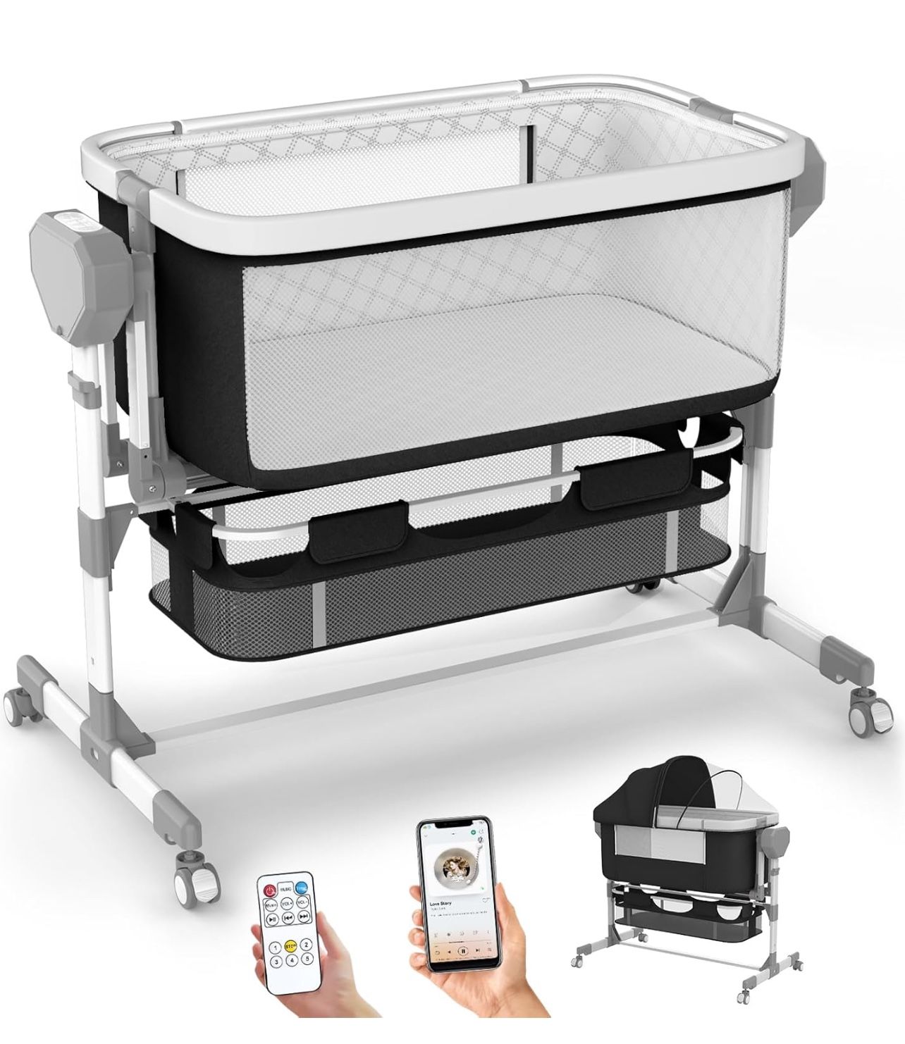Rocking Bassinet for Baby, Electric Baby Bassinet Automatic 5 Rocking Motion Bassinet Bedside Sleeper for Newborn, Auto Rolling Baby Cradle 6 Height A