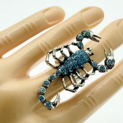 Silver Tone Scorpion Fashion Ring Blue Rhinestones Scorpio 