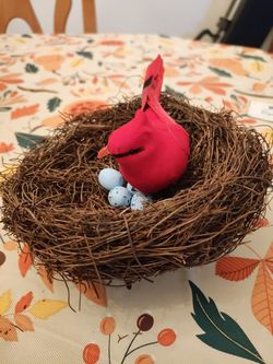 6" Rattan Birds Nest with Faux Cardinal & Eggs