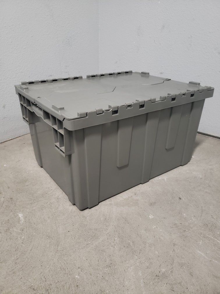 Heavy-Duty Gray Plastic Storage Bin with Hinged Lid
