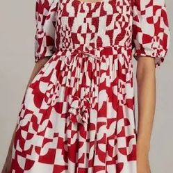 Anthropologie Geisha Designs Smocked Puff Sleeve Geo Print Mini Dress Red Wt S
