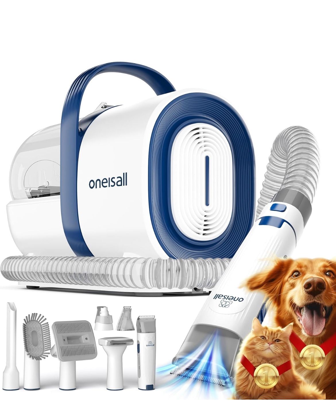 oneisall Dog Grooming Vacuum, Pet Grooming Vacuum with Clipper Nail Grinder, 1.5L Dust Cup Dog deshedding Vacuum Brush with 7 Pet Grooming Tools for S