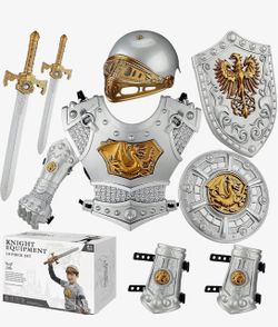 Kids Medieval Knight Armor Costume Set with Helmet, Shields, Chest Piec Boys Costume Swords and Cape, Halloween Birthday Gifts for Kids Pretend Role P