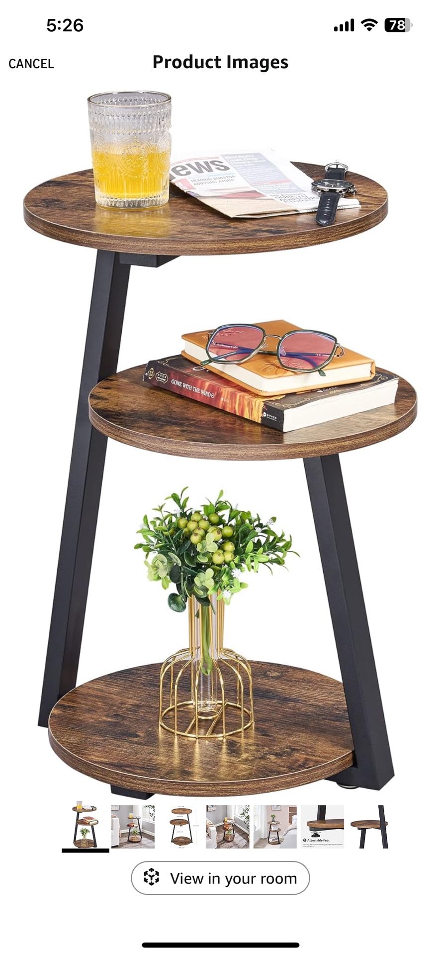 Round End Table Side Table with Metal Frame, Accent Nightstand Bedside Table with 3-Tier Shelves, Small Couch Coffee Table for Living Room Bedroom Rus
