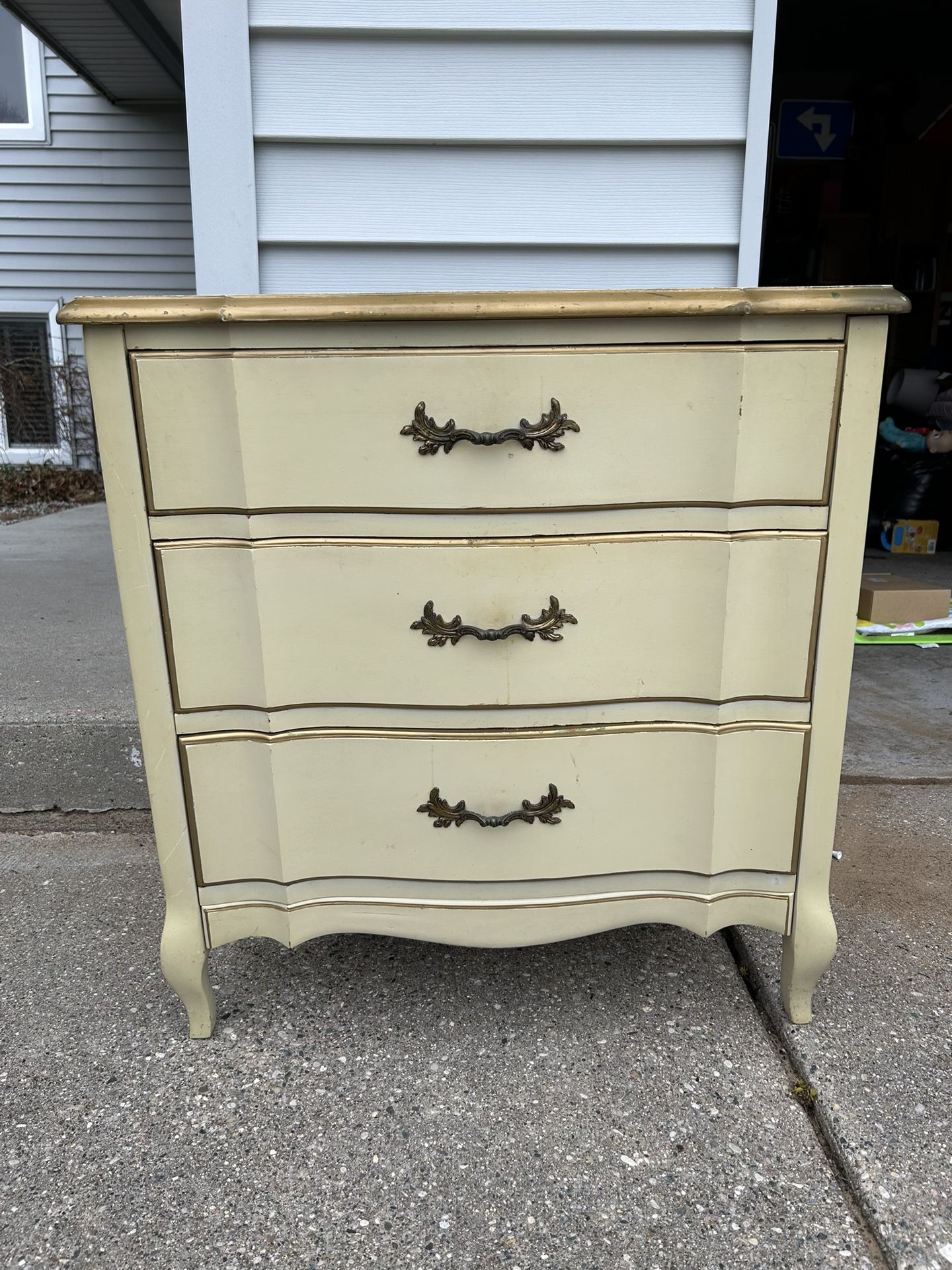 Vintage Mid Century French Provincial Yellow Solid Wood Three Drawer Dresser Permacraft Furniture 