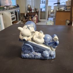 Vintage Porcelain Figurine Of Pigs Lazing Around On A Log, Blue & Cream Glossy Finish W/Gold Accents 5" X 5" X 2"