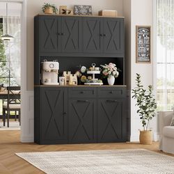 71" H Kitchen Trash Can Hutch Cabinet, 12.5 Gallon Double Pull Out Garbage Can Hutch Cabinet with Trash Bin Storage Holders, 47" Wide Kitchen Pantry w