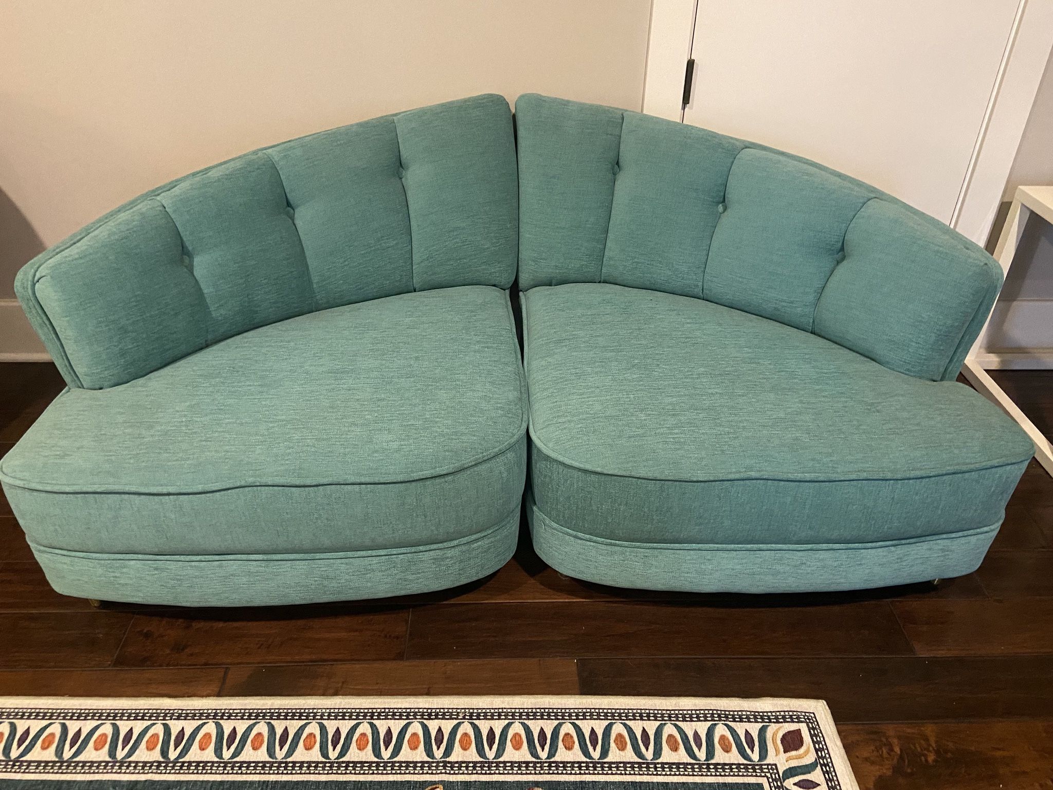 Vintage mid century loveseat chairs with new velocity blue fabric