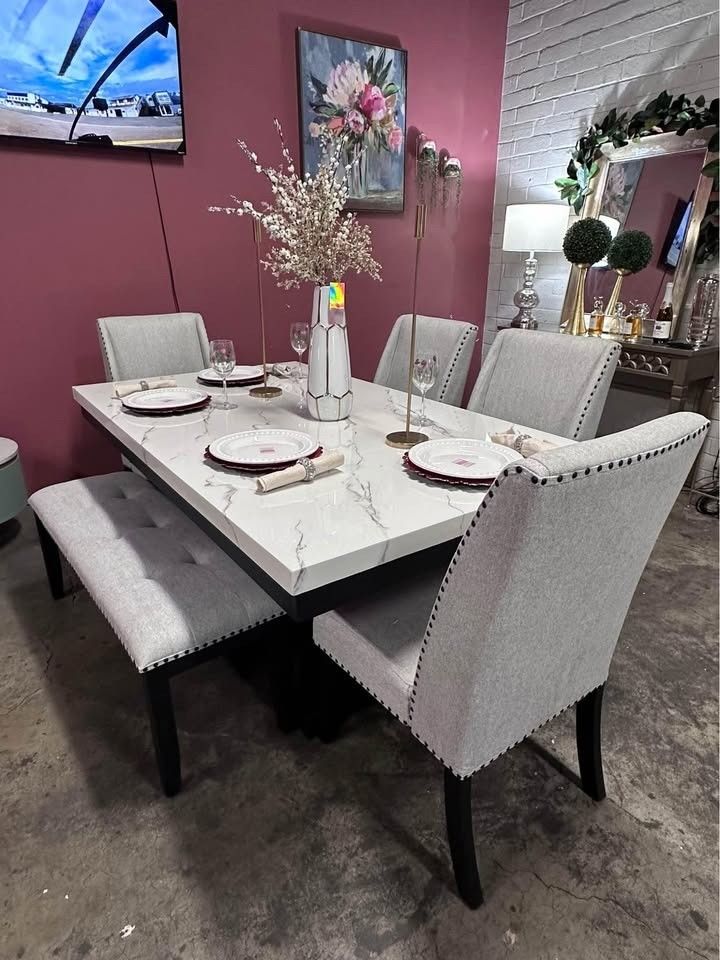 5PC Marble top dining table set with Bench and 4 chairs
