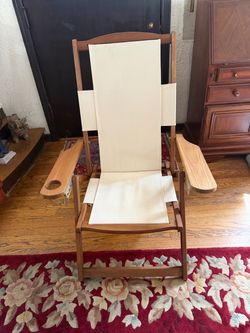 NEW Vintage Teak Wood & Canvas Folding Reclining Outdoor Patio Lounge Arm Chair