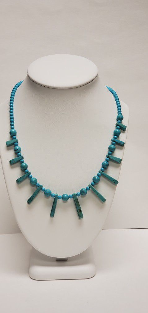 Turquoise Bars Sterling Silver Necklace With Faux Turquoise Beads 23"