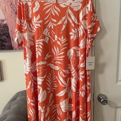 Plus Size Womens Orange and White Leaf Print midi Dress size 3X NEW