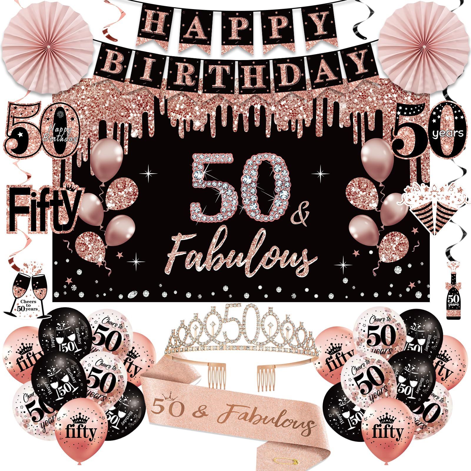50th Birthday Decorations For Women, 33pcs 50th Birthday Crown And Sash, Black Rose Gold Happy 50th Birthday Banner Balloons Backdrop Hanging Swirls P