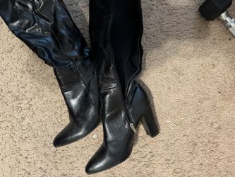 Faux leather, thigh high black boots
