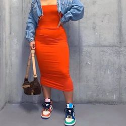 Red Tube Top Dress And Jean Jacket 