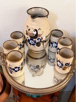 Vintage Mexican Pottery Puffin Pitcher and 6 Matching Tumblers