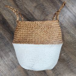 Seagrass Wicker Basket for Storage Woven Plant Pots Cover Indoor Decoration (White)