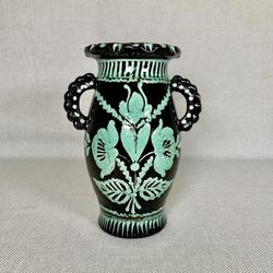 Vintage European Ceramic Artisan Folk Floral Art handmade and hand-painted decorative black  pottery vase. 