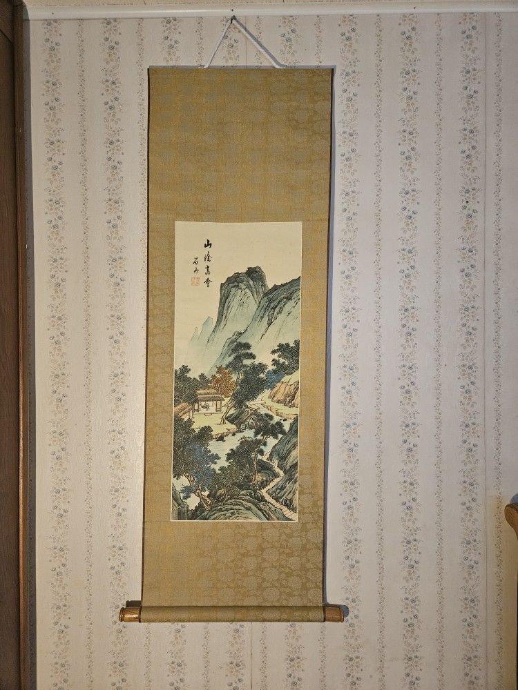 Two Traditional East Asian scrolls Larger one, width 21 inch Length 63 inch Smaller, width 16 inch Length 47 inch