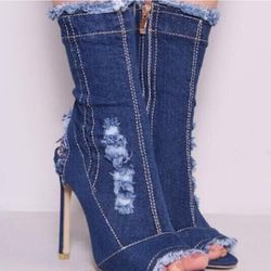 Distressed Denim Mid-calf Cut-out Boots, SZ: 5.5 ~ NWOT