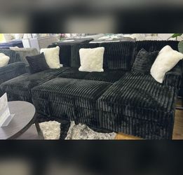 Midnight Black U shaped Jumbo corduroy sectional sofa with pullout bed