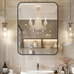 Matte Black Bathroom Mirrors for Over Sink, 24x36 Inch Frame Rectangle Large Wall Mirror for Living Room, Modern Horizontal Metal Wall-Mounted Big Mir