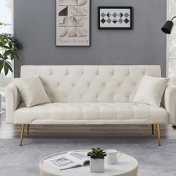 Velvet Futon Sofa Bed with 2 Pillows, Convertible Sleeper Sofa Couch 
