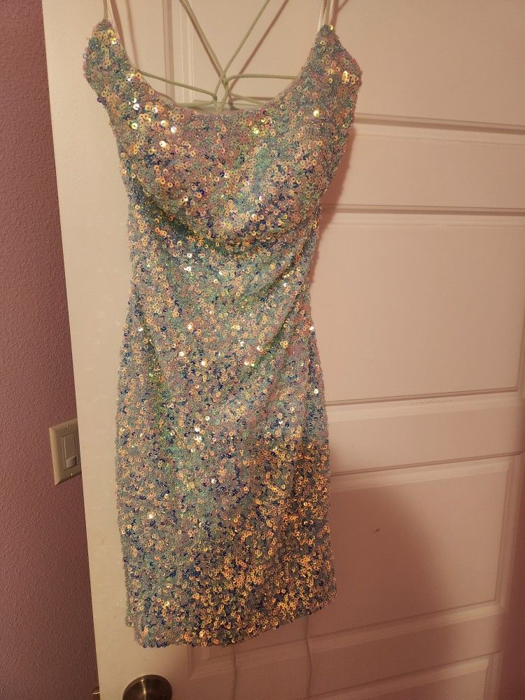 Sequin Teal Corset Back Homecoming Dress