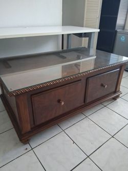 Wood Coffee Table with Glass Top and Drawers