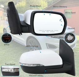 Right Passenger Side Mirror Fits 2015-2024 Ford Edge With Manual Folding Heated Turn Signal Puddle Light Blind Spot White Replace#JT4Z-17682-FB (9Pins