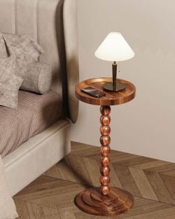 Round Wooden Side Table with Solid Wood Columns