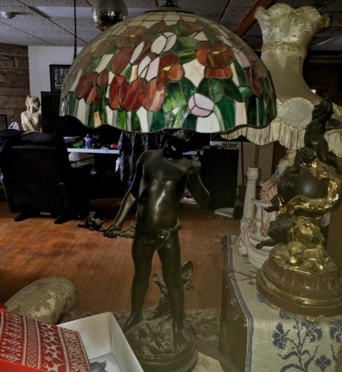 Auguste Moreau Metal and Stained Glass Lamp OBO