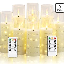 Nimiko Flickering Flameless LED Candles,Battery Operated Candles 9 Pcs with Embedded Star String,Acrylic LED Pillar Candles with Remote,Suitable for H