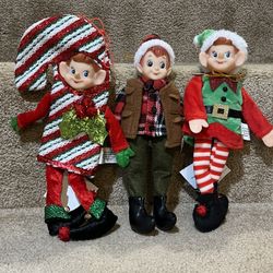 Lot of 3 Elf Ornaments Figurines Camper Candy Cane Bendable Arms Knees 9" NEW