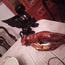 2 Statues Of One Winged Black Angel Lion With Light Up Mountain Lion Panther Statue.