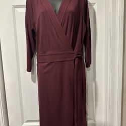 Maroon Wrap Dress - Size 14, 3/4 Sleeve, 41” Long, Adjustable Tie Waist