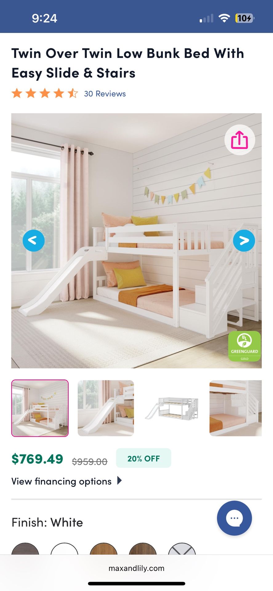 Max & Lily Twin Over Twin Low Bunk Bed With Easy Slide & Stairs