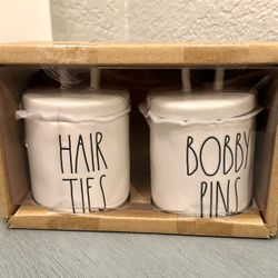 $15…New Rae Dunn set of white HAIR TIES & BOBBY PINS small ceramic looped lid canisters.  Please pickup in the area of 36th Ave and Pinnacle peak with