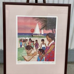 Mid-century lithograph “healthcare efforts in a coastal community” framed art by Vernon Nye 