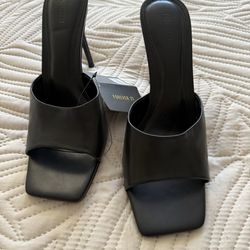 Forever 21 Black Mule Heels Womens Size 10 Square Toe Slip On Sandals NWT