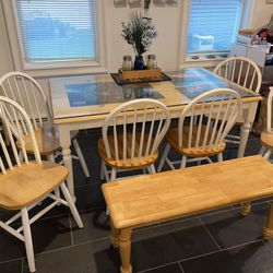 Dining Table Set / 6 Seats Plus Bench / Glass Top