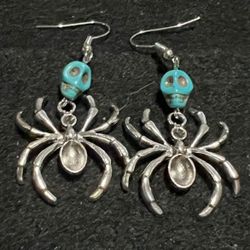 Turquoise Skull + Silver Plated Spooky Spider Earrings 1x1 * Great for Halloween