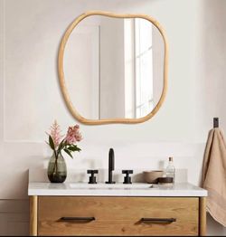 Natural pine wood frame square irregular wall mirror