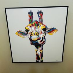 Large Framed Colorful Giraffe Wall Art – 29” x 29