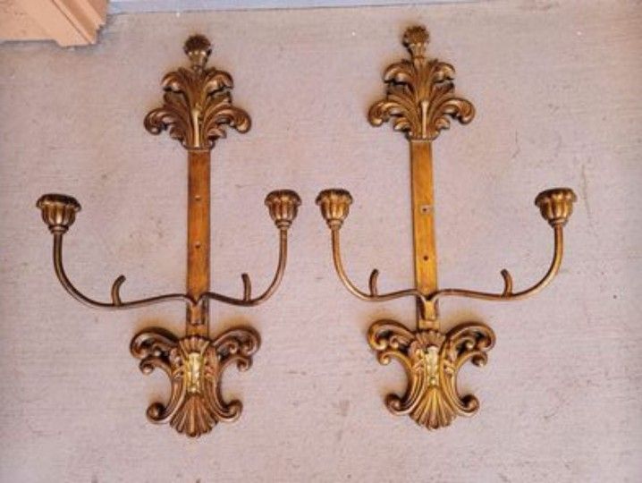 Antique Spanish Cathedral Gold Gilt Brass Candelabra Wall Sconces