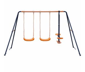 Double Metal Swing Set W/ 2 Saucer Swing Seats, 1 Seesaw for Outdoor, Backyard - Kids Toddler Toy, All Weather Resistant