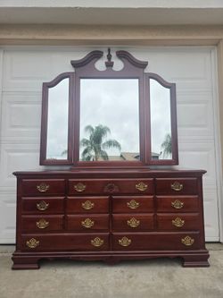 Cherry Wood Dresser with Tri-Fold Mirror